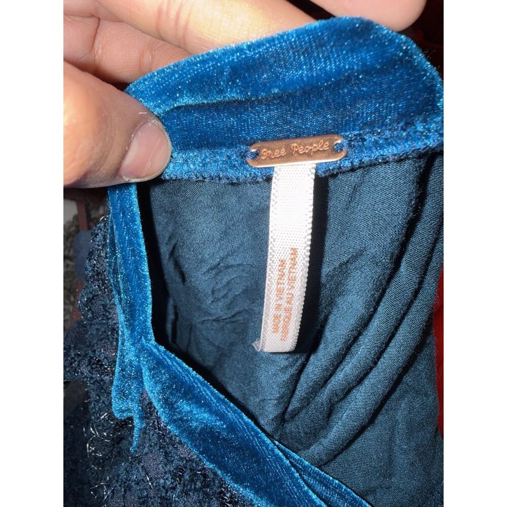 Free People Blue Lace Velvet Trim Fit & Flare Mini Dress Long Sleeve Open Back - Picture 9 of 10